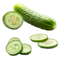 Fresh cucumber with slices displayed on a transparent background, showcasing vibrant green color and refreshing texture ideal for salads, Cucumber and slices isolated on transparent background png