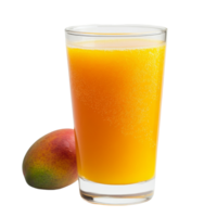 Refreshing mango juice served in a clear glass next to a ripe mango on a clean transparent background, mango juice in a glass on transparent background png