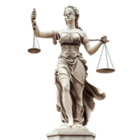 Statue of Lady Justice holding scales against a plain transparent background symbolizing law and fairness, Statue of Lady of justice on transparent background png