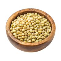 Peeled split mung beans displayed in a rustic wooden bowl on a clean transparent background, Peeled split mung beans in wood bowl isolated on transparent background png