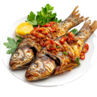 Delicious fried fish topped with chili and spices served with lemon and fresh herbs, Fried fish with chilli and spices, delicious food Thailand style on transparent background png