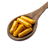 Turmeric capsules on a wooden spoon against a clean transparent background showcasing health benefits and nutritional value, Turmeric Capsule in wood spoon on transparent background png