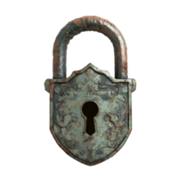 Rusty decorative padlock with intricate designs on surface showcasing weathered metalwork, Diya lamp on top of colorful rangoli png