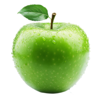 Fresh green apple with water droplets, featuring a vibrant leaf, isolated on a clean transparent background, Green Apple with isolated on transparent background png
