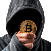 Hacker in a hooded sweatshirt displays a Bitcoin on a plain transparent background, Hacker Holding Bitcoin on transparent background png