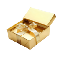 Elegant gold open gift box with ribbon, perfect for celebrating special occasions and giving thoughtful surprises, Gold open gift box with ribbon isolated png