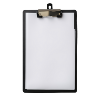 Black clipboard holding blank sheets of paper resting on a light gray surface in a work environment, Brown clipboard with clip at the top for papers png