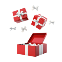 A red gift box overflowing with transparent present boxes in a festive holiday setting, transparent gift boxes pop out from red open gift box isolated on transparent png