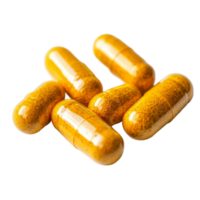 Turmeric capsules on a clean transparent background, highlighting natural health benefits and dietary supplements, Turmeric Capsule on transparent background png