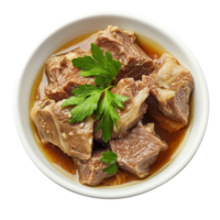 Boiled meat served in a transparent bowl garnished with fresh parsley for a wholesome meal experience, Dish made of boiled meat top view isolated on transparent background png