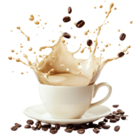 Milk coffee splashes dramatically in a cup surrounded by scattered coffee beans on a transparent background, Milk coffee splashing with coffee beans isolated png