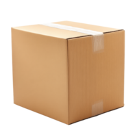 A plain cardboard box sits atop a smooth surface, prepared for shipping or storage in a bright setting, cardboard box package png