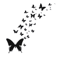 Silhouettes of butterflies cascading across a transparent background highlighting their elegant shapes and movements at dusk, Butterflies silhouette black background on transparent background png