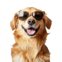 A cheerful dog with sunglasses showcasing its playful personality against a transparent backdrop, Funny dog wearing sunglasses on transparent background png