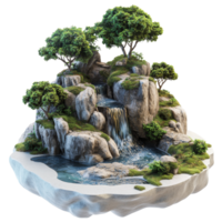 A serene rocky island with a waterfall and lush trees isolated on a transparent background in a tranquil setting, isolated on transparent background 3d render. png