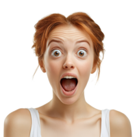 Surprised young woman expressing joy with wide eyes and open mouth isolated on a bright background, surprised joyful young woman, file of isolated object on transparent background png
