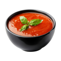 Tomato sauce garnished with fresh basil in a black bowl on a clean transparent background, tomato sauce in black bowl isolated on transparent background png
