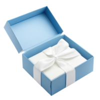 A blue gift box with a transparent bow presents a surprise on a clean transparent background, Blue open gift box with transparent bow isolated on transparent png