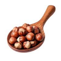 Fresh hazelnuts in a wooden spoon isolated on a transparent background for healthy cooking or snacking ideas, hazelnuts in wood spoon isolated on transparent background png