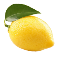 Fresh, bright lemon with green leaf isolated against a clean transparent background for culinary and decorative purposes, lemon isolated in transparent background format png