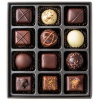 Gourmet assortment of assorted chocolates featuring various flavors in a beautifully arranged box, Assorted Chocolate Box with Variety of Gourmet Chocolates on transparent background png