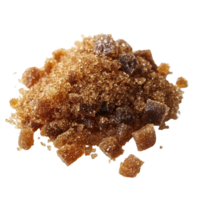 Natural palm sugar granules and chunks on a clean transparent background, highlighting their texture and color, palm sugar on transparent background png