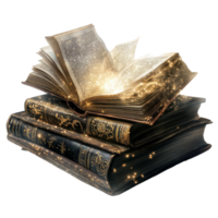 Magical enchanted books with glowing pages and sparkles isolated on a transparent background, evoking mystery and wonder, Enchanted Magic Books Isolated on transparent background png