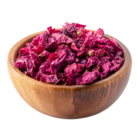 Dried pink peppers in a wooden bowl on a bright transparent background showcasing vibrant colors and natural textures, dried pink peppers in wood bowl isolated on transparent background png