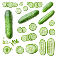 Fresh cucumbers and their vibrant green slices on a clean transparent background showcasing healthy produce and culinary versatility, Cucumber and slices isolated on transparent background png