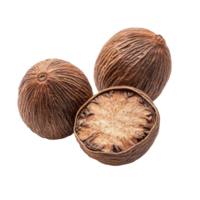 Nutmeg seeds displayed on a transparent background emphasizing their unique texture and shape in natural light, Nutmeg on transparent background png