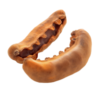 Detailed view of opened velvet tamarind fruit showcasing its unique outer shell and inner pulp, velvet tamarind fruit Dialium cochinchinense isolated on transparent background png