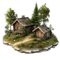 Rustic log cabins nestled in nature on a serene transparent transparent landscape, 3D Rustic Log Cabins Surrounded by Nature on transparent background png