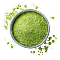 Fresh matcha green tea powder displayed in a bowl on a clean transparent background with scattered leaves, matcha green tea powdwer on transparent background png