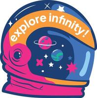 Astronaut helmet with planets and explore infinity text, flat sticker vector