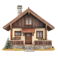 A charming chalet house with wooden accents and a stone pathway against a clean transparent background, chalet house, isolated transparent background png