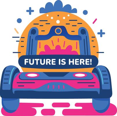 A flat style sticker of futuristic vehicle with the text future is here