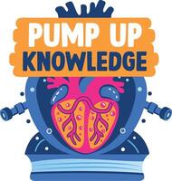 Human heart with pump up knowledge text, flat sticker vector