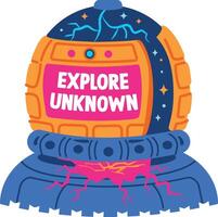 A flat sticker of futuristic robot head with the phrase explore unknown vector