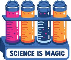Test tubes stand with science is magic typography, flat sticker vector