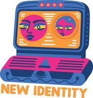 Flat sticker of a laptop with cloned faces, depicting getting new identity vector