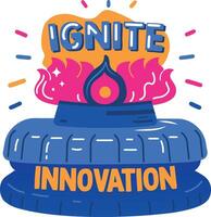 Bunsen burner with infinite innovation text, flat sticker vector