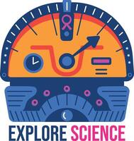 Gauge meter with explore science text, flat sticker vector