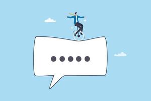 Communicate to success, talking or discussion, advice message dialogue, announcement speech bubble, business conversation or consultation concept, businessman acrobat on message speech bubble. vector