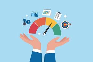 KPI key performance indicator, success benchmark or measuring goal achievement, metric or comparison standard, winning target dashboard concept, businessman hand with KPI performance gauge scale. vector