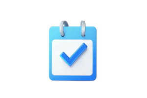 3D render of a blue calendar icon with a checkmark symbol, representing scheduling, organization, and task completion on a transparent background. png