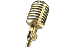 A vintage-style golden microphone, characterized by its distinct grille and polished finish, ideal for music and vocal performances. png