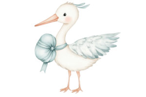 A whimsical stork with a decorative bow, symbolizing new beginnings and innocence, stands elegantly. png