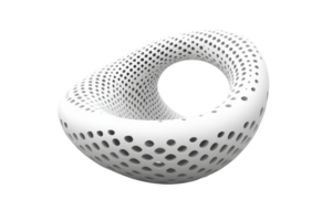 A sculptural object with a unique, organic form featuring perforations, creating an intriguing play of light and shadow. png