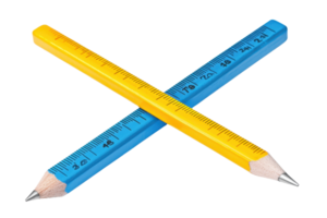 Two colored pencils, one blue and one yellow, are crossed in an angled position, showcasing their sharpened tips and measurement markings. png