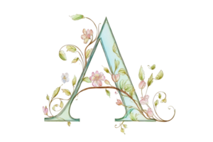 A decorative letter A adorned with floral elements and soft colors, creating an elegant and artistic appearance. png